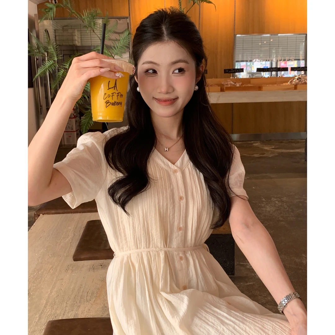 【西西里安】 韩版小个子温柔粉肌理压褶收腰连衣裙