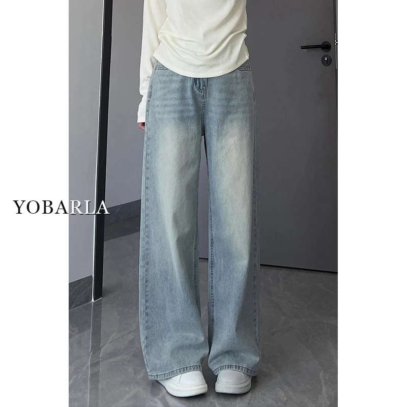 浅色直筒牛仔裤女秋冬新款大码胖mm宽松加绒垂感裤子胖mm加绒款