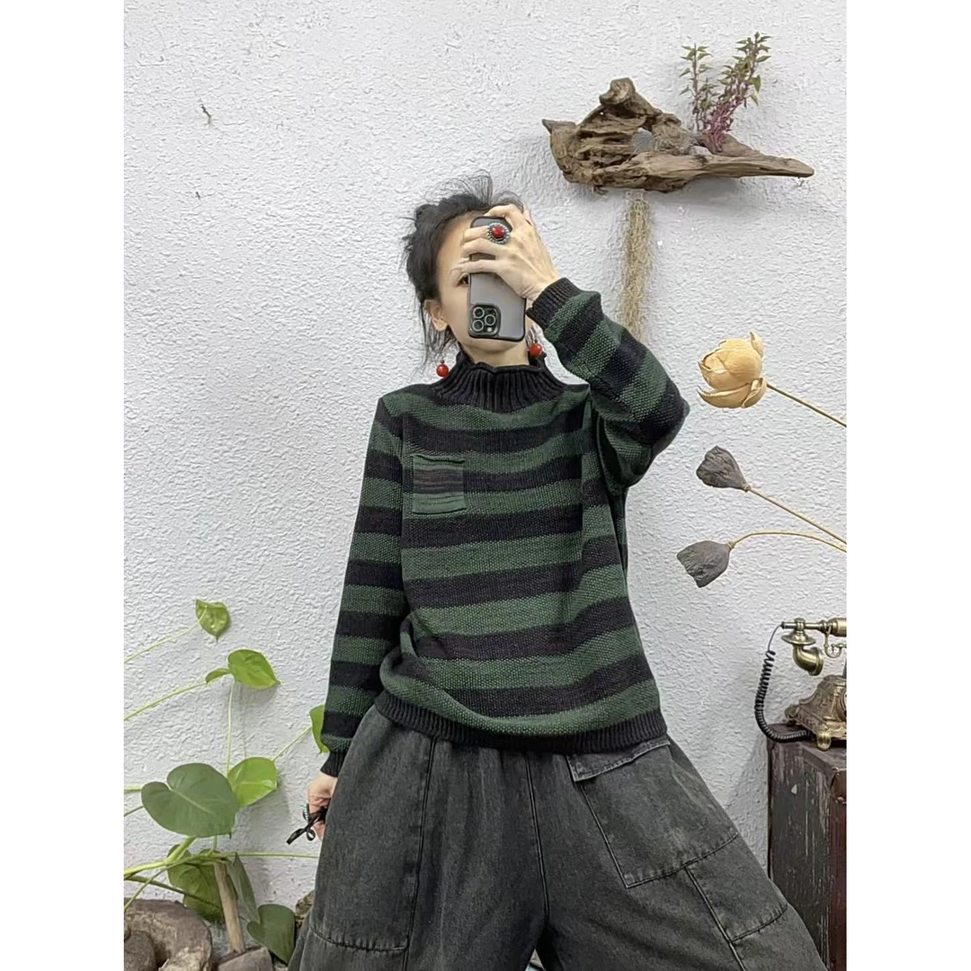 27907棉线高领横条纹胸口口袋长袖上衣（长60胸围130