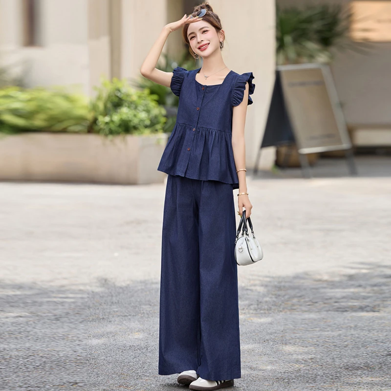 2025年夏季新款套装休闲时尚飞飞袖牛仔上衣宽松直筒阔腿裤两件套