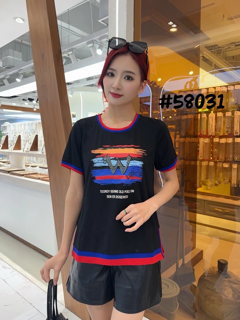 休闲风印花常规款轻职风短袖女款T恤圆领5831