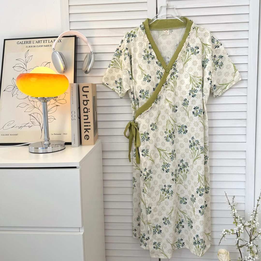 带胸垫云朵绵睡裙女款夏季V领短袖薄款系带睡袍可外穿睡衣连衣裙