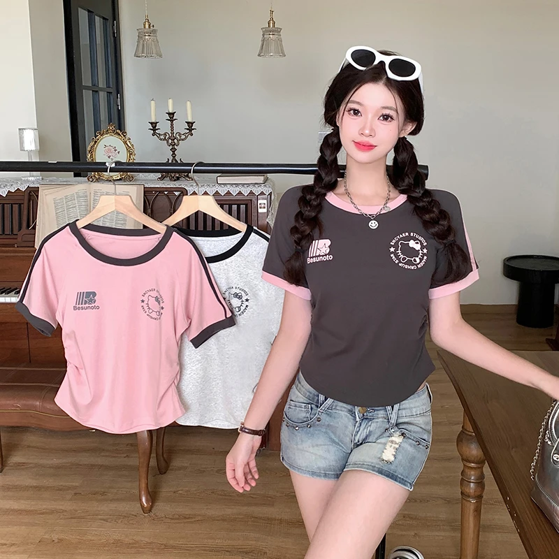 【运补6-10】2025夏装新款大码女甜辣休闲撞色印花弧形短袖T恤