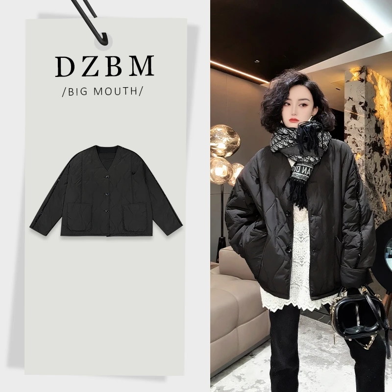 DZBM秋冬新款菱格绗缝V领烫钻轻薄工装棉服外套W5530