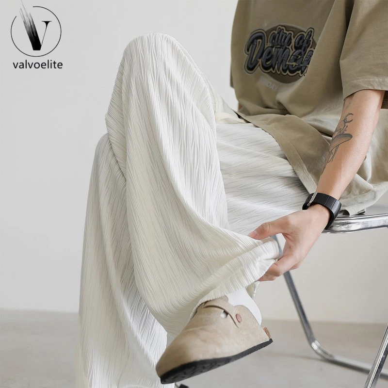 VALVOELITE肌理感高级感白色冰丝裤子男夏季薄款垂感长裤宽松直筒