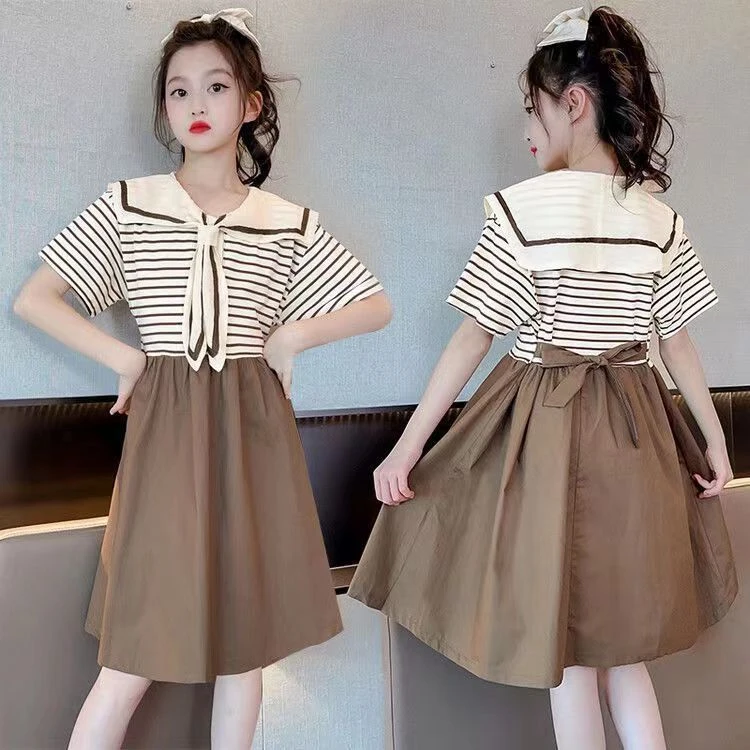 女童连衣裙2025夏季中大童新款海军领宽松假两件公主时尚女孩裙子