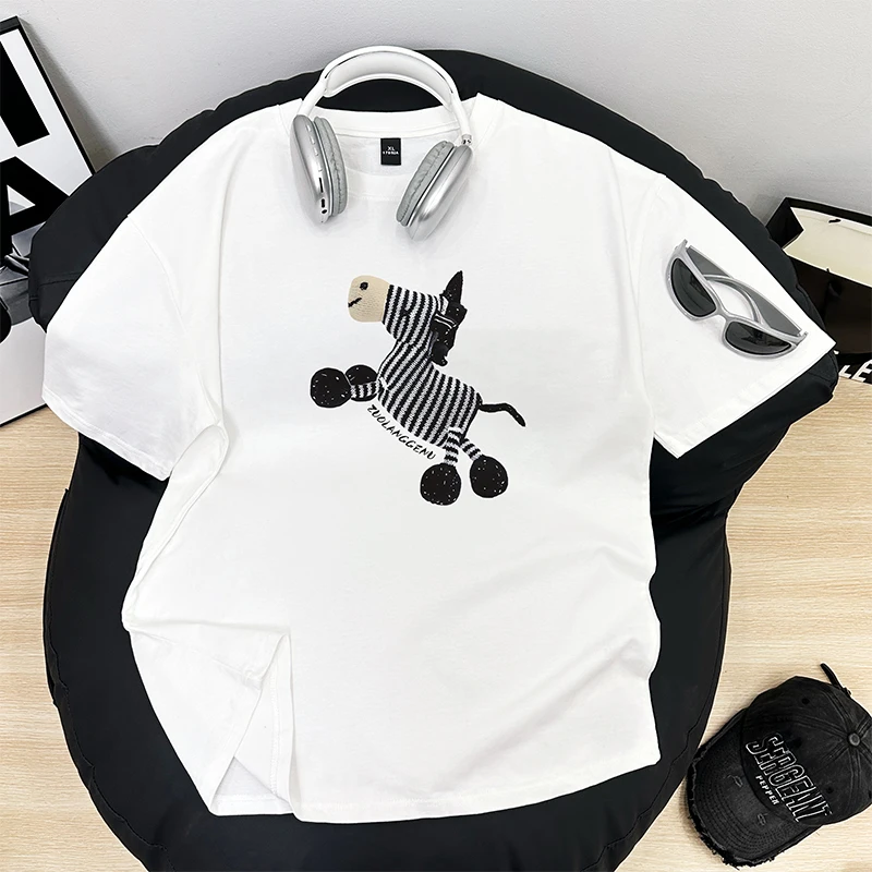 夏季新款斑马印花圆领短袖t恤男高级感百搭大码宽松情侣同款上衣