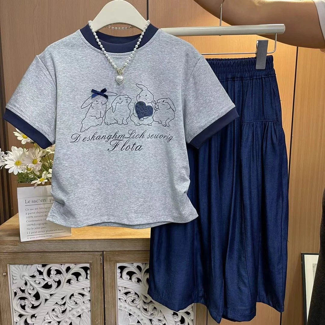 夏日小清新~女童夏季新款韩版萌兔短袖休闲裤套装8833