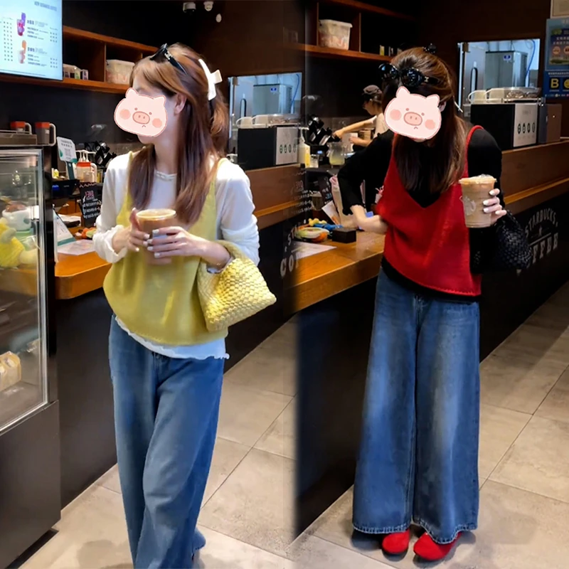 2025流行穿搭一整套早秋设计感叠穿针织马甲打底衫牛仔阔腿裤套装