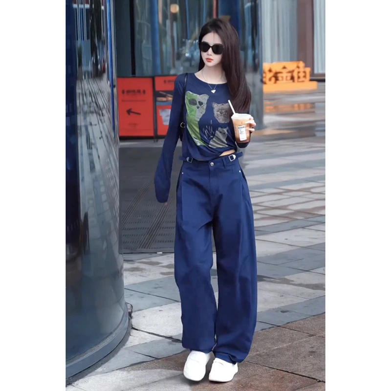 夏装搭配一整套长袖印花小猫咪防晒T恤上衣+藏青色薄款阔腿香蕉库