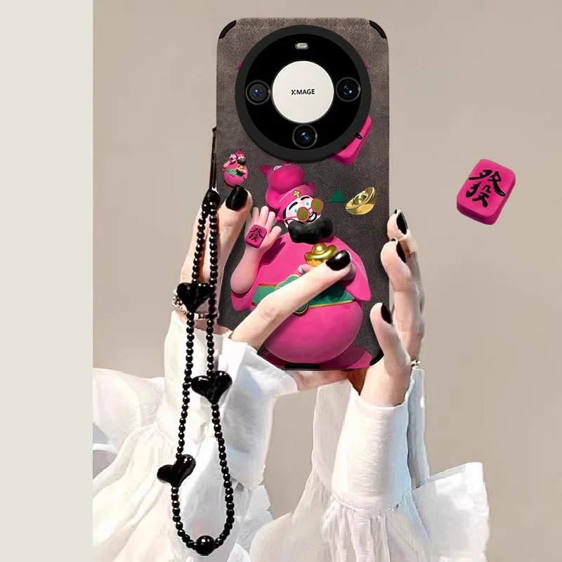 發财财神爷适用华为mate70pro新款高端翻毛皮手机壳pura80pro挂绳