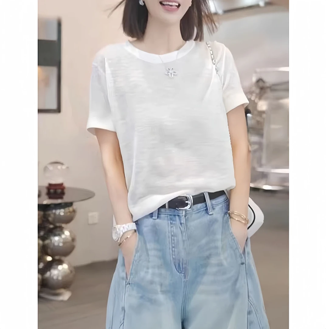 雪花棉短袖圆领休闲风宽松时尚韩版简约白T恤设计感白色日奢风ins