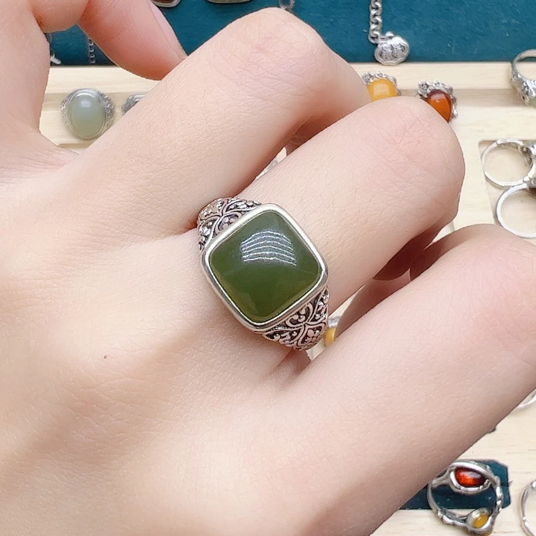 和田玉（青玉）戒指银S925镶嵌