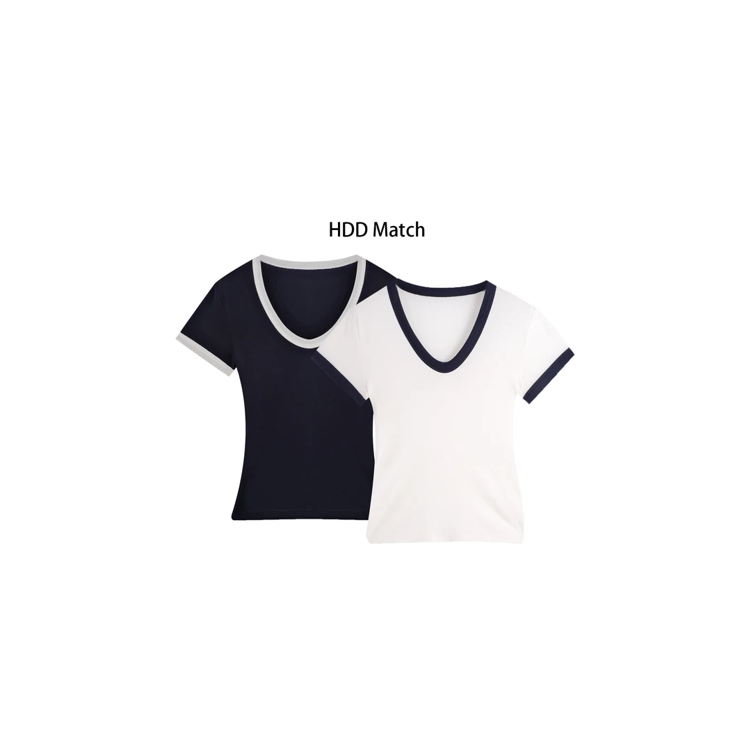 HDD Clothing"拼色计划"春夏拼色软糯U领女款短袖打底衫 Y7372