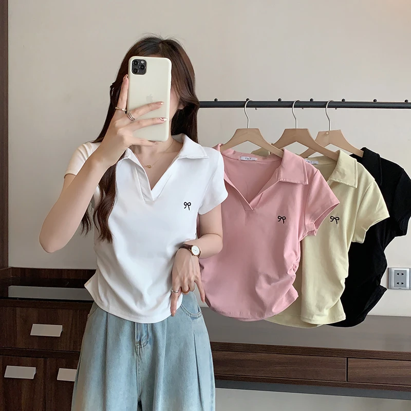 2025夏装新款胖mm大码女气质polo领蝴蝶结褶皱收腰短袖