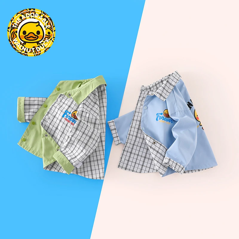 小黄鸭儿童春季时尚休闲潮流洋气双面两穿格子外套HTA10