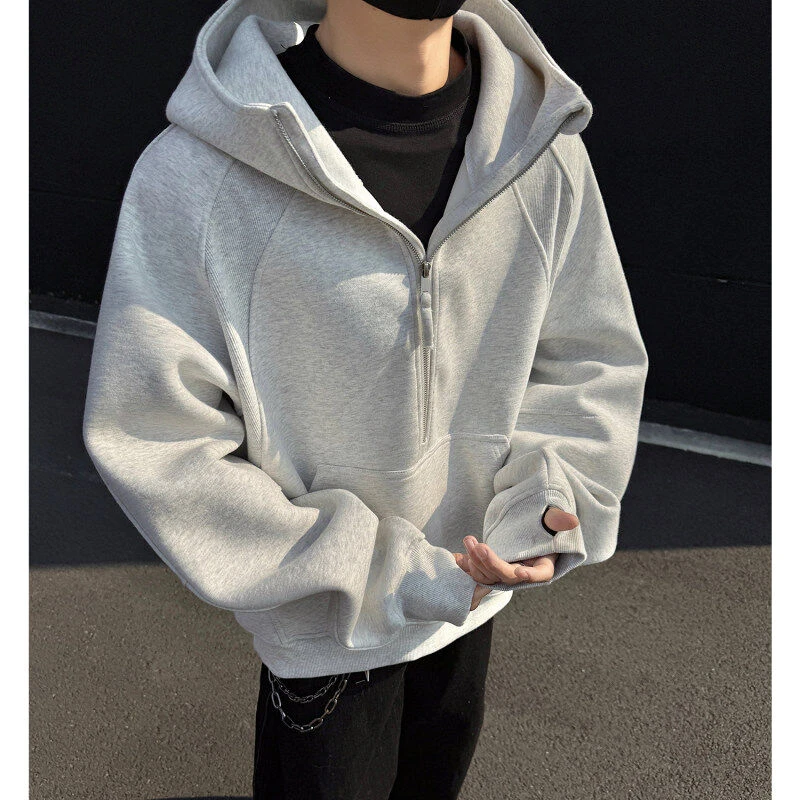 美式高街重磅卫衣男春季新款短款半拉链帽衫潮流百搭小众解构外套