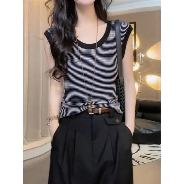 条纹无袖t恤女装夏季韩版2025新款短袖u领上衣背心马甲小香风针织