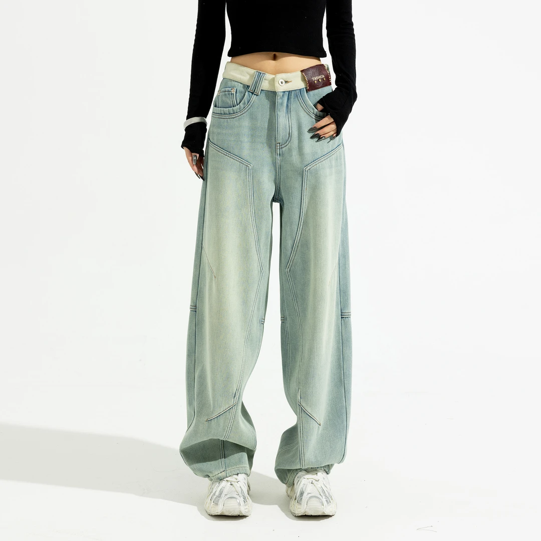 慵懒风弯刀裤加绒牛仔裤女2024秋冬高腰阔腿裤拖地裤弯刀牛仔裤