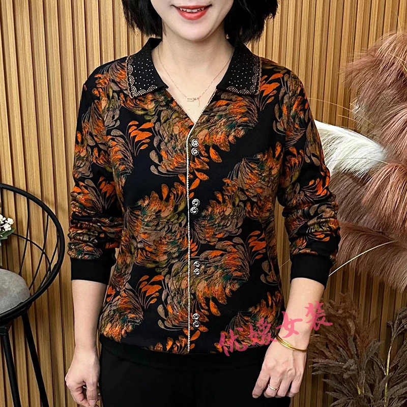 中老年女装秋季时尚翻领烫钻印花宽松显瘦百搭洋气妈妈装长袖小衫