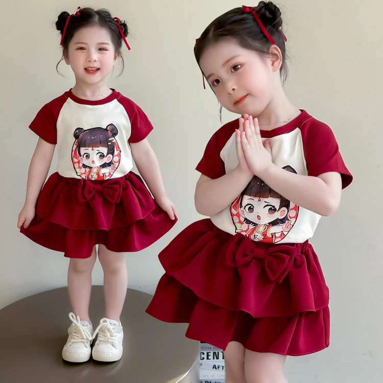 女童夏季套装2025新款儿童装哪吒短袖T桖 女宝宝半身蛋糕裙两件套