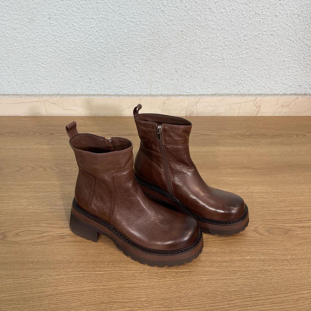 6cm   马丁靴筒靴女真皮时装靴头层牛皮小个子厚底四季中筒靴女