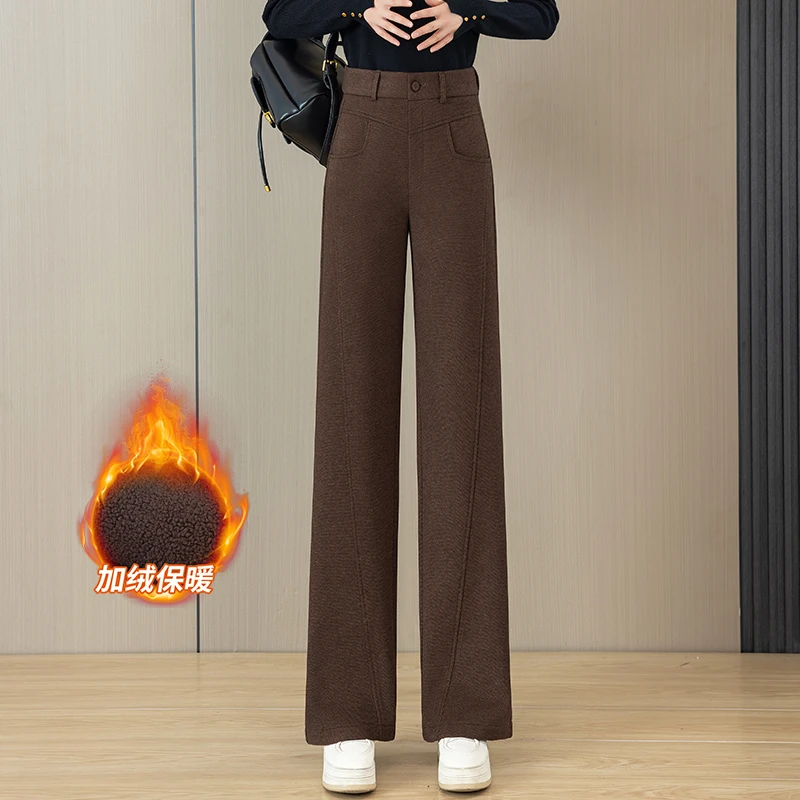 加绒加厚羊毛呢阔腿裤女2025秋冬季新款安可拉红宽松直筒休闲裤子