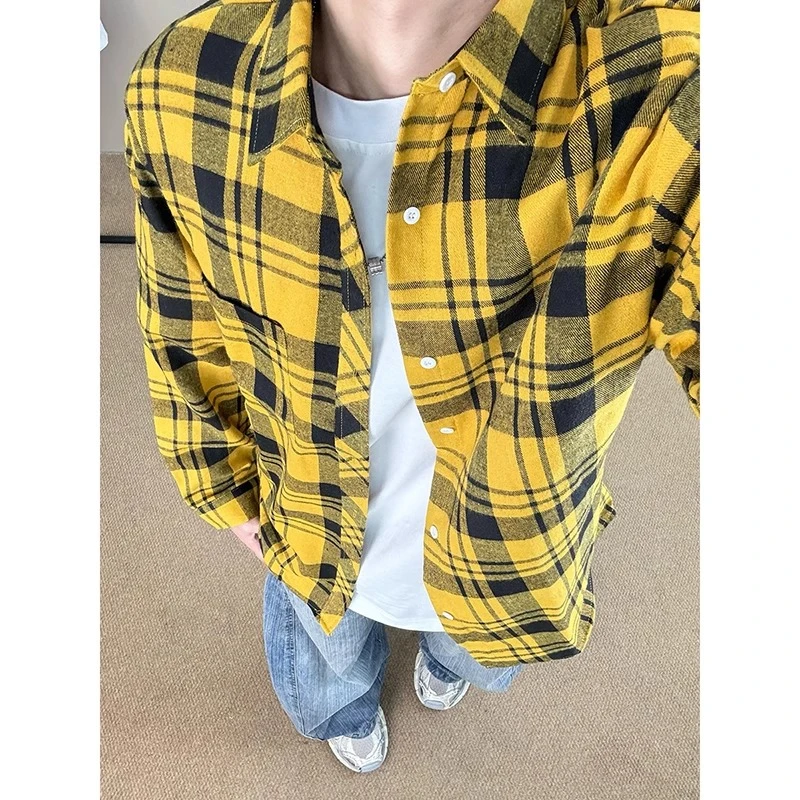 黄色格子衬衫男款春夏季cleanfit格纹长袖上衣高级感翻领衬衣外套