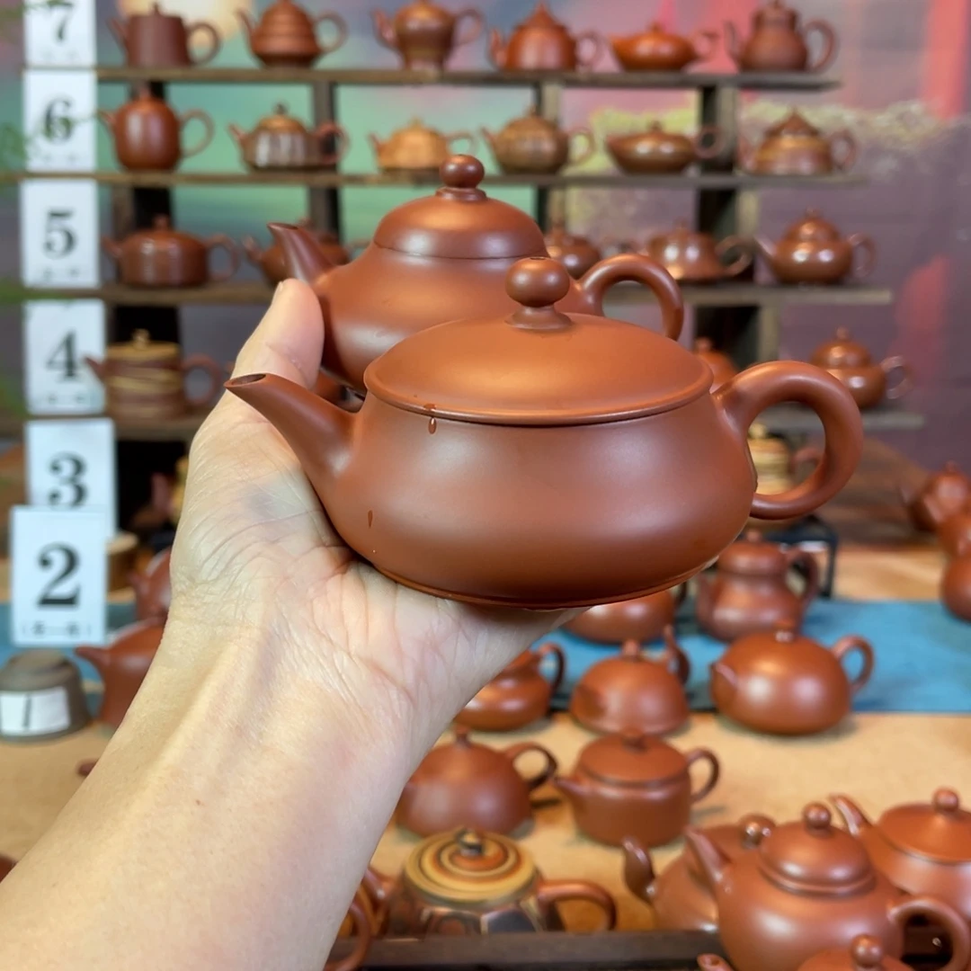 茶壶紫砂王***g潮州手工手拉朱泥梨壶：明炉壶