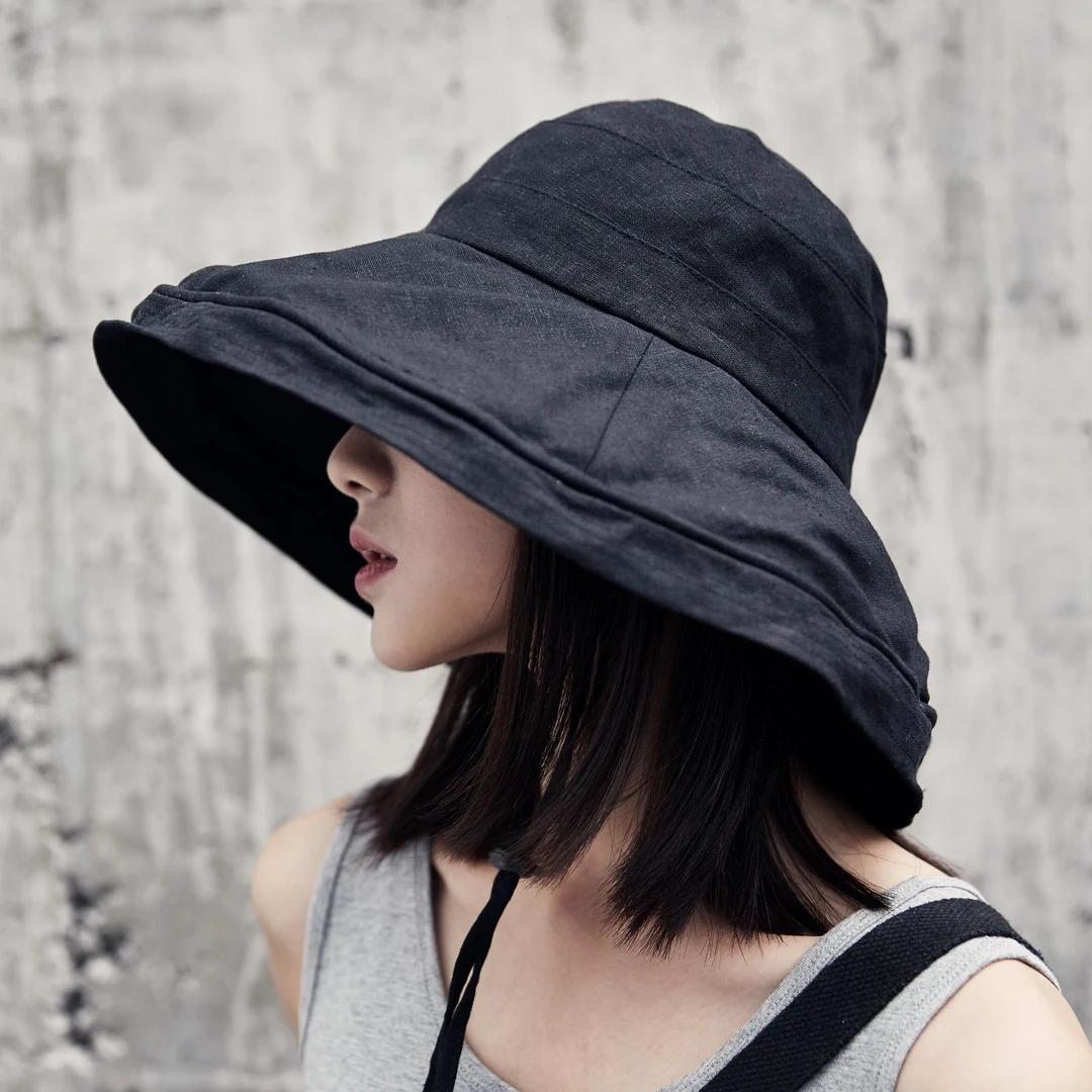 【品质精选】黑色大檐防晒帽女士盆帽户外防晒渔夫帽147