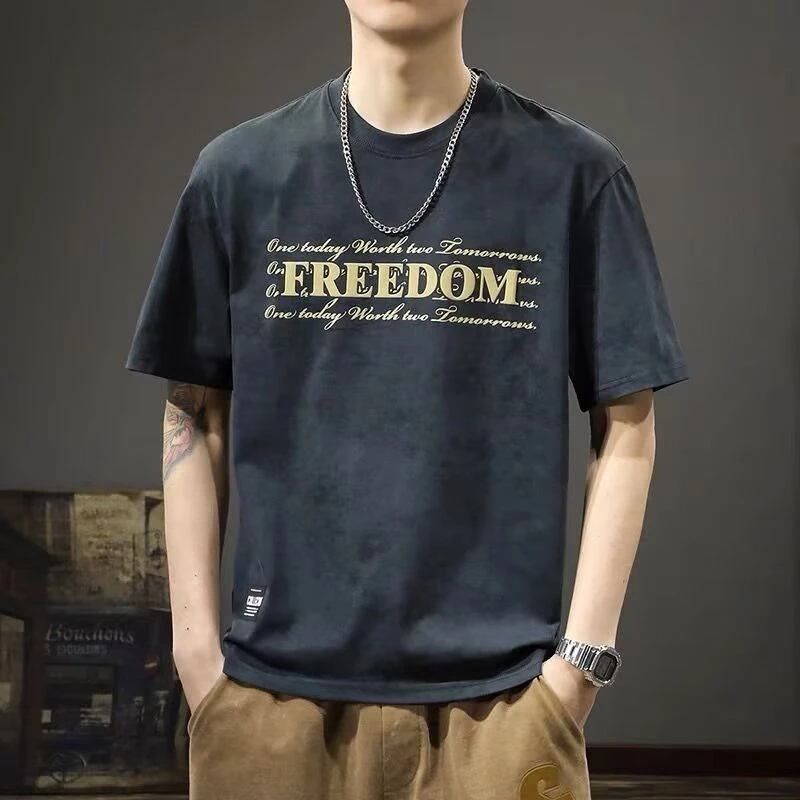 短袖上衣夏季t恤半袖男士薄款凉感复古印花T恤圆领修身