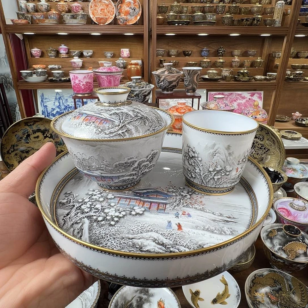 精工墨彩雪景描金茶器三件套装