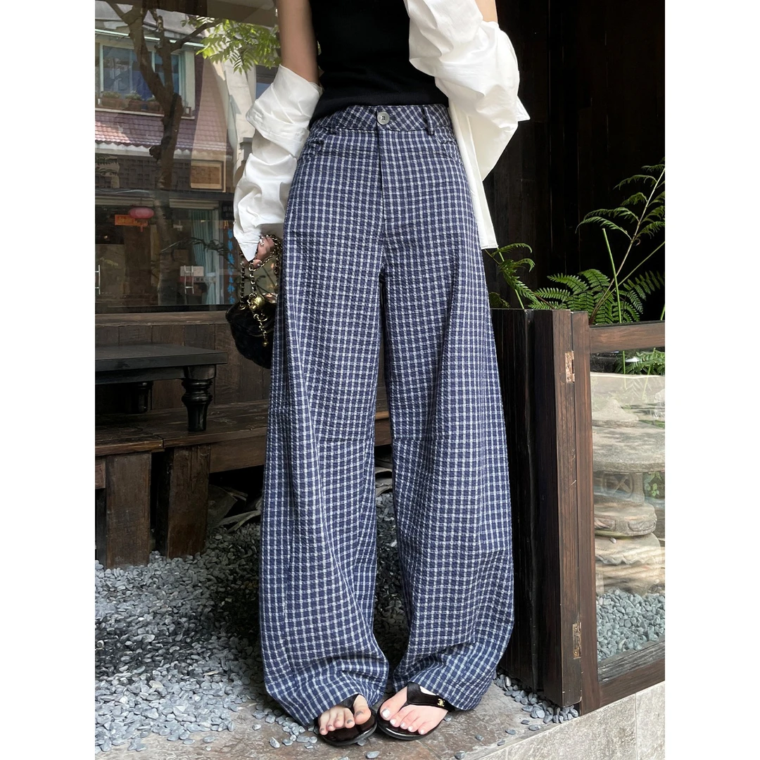 巨好穿！设计感格子裤女夏季薄款松弛感宽松阔腿裤休闲弯镰刀裤子