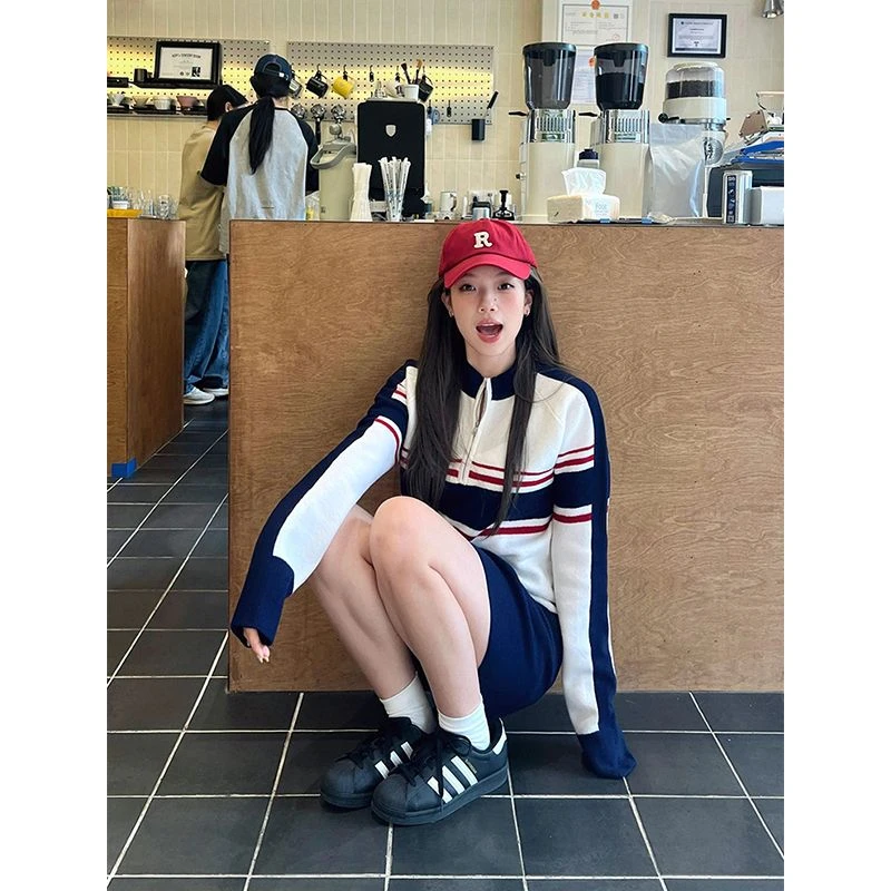 实价#绵羊绒#美式复古半拉链撞色针织衫女学院风休闲运动上衣