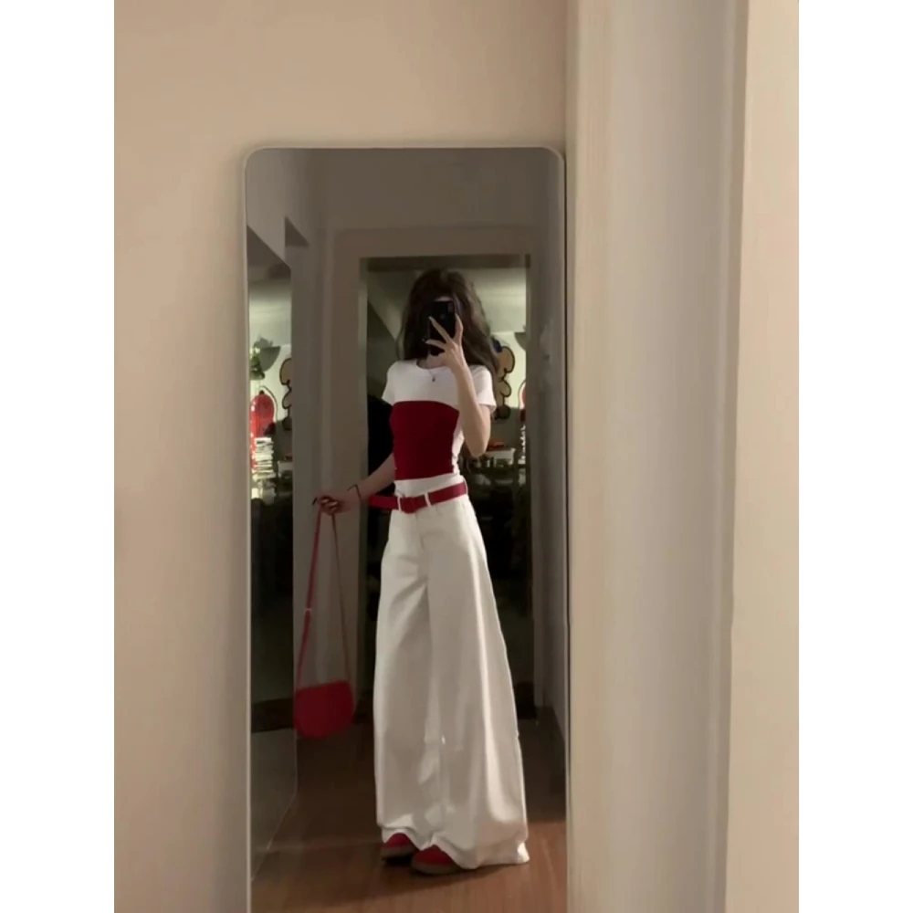 美式白色牛仔裤女2025冬季新品宽松垂感阔腿裤高腰显瘦拖地长裤子
