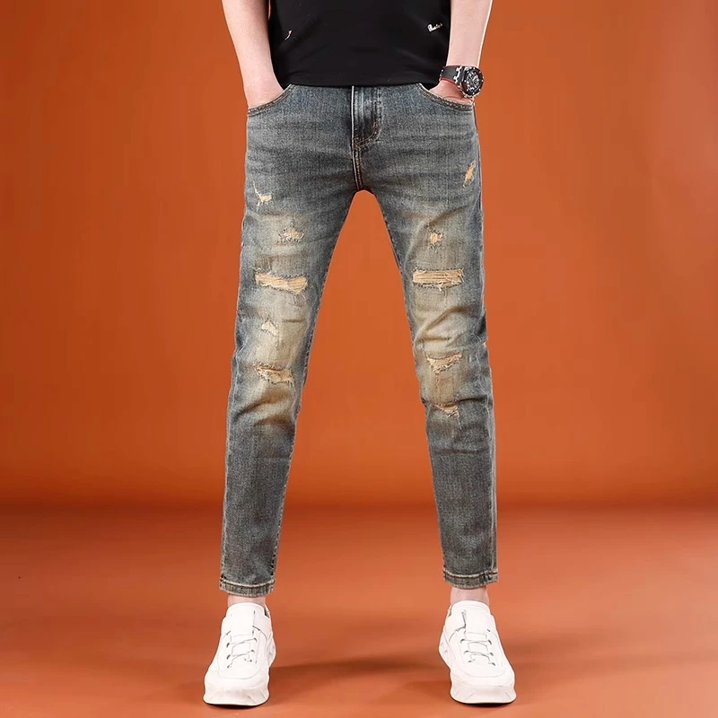 GS2025新款破洞九分裤男士修身小脚裤春季高端潮牌百搭9分牛仔裤