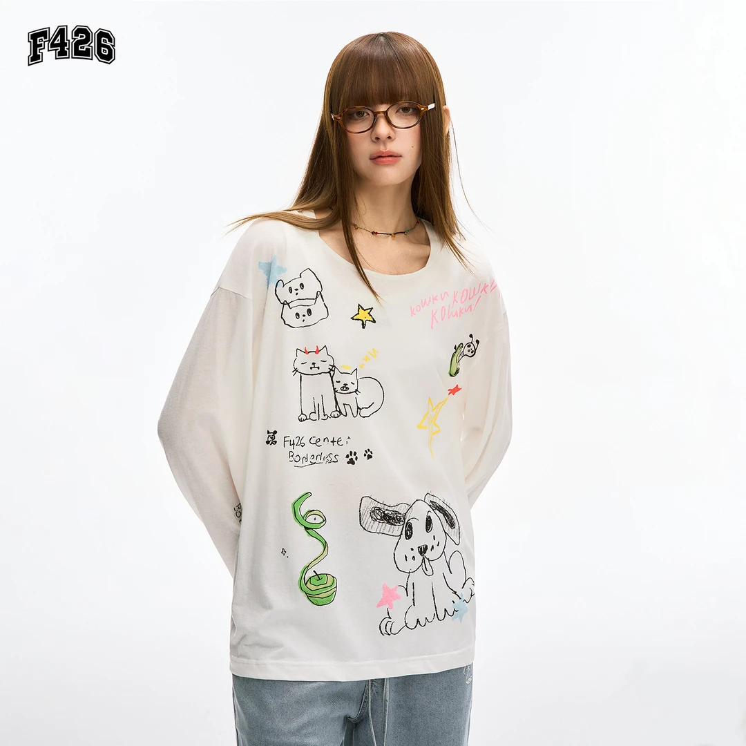 F426国潮夏季新款斜肩趣味涂鸦印花长袖T恤轻薄凉感0122罩衫XH