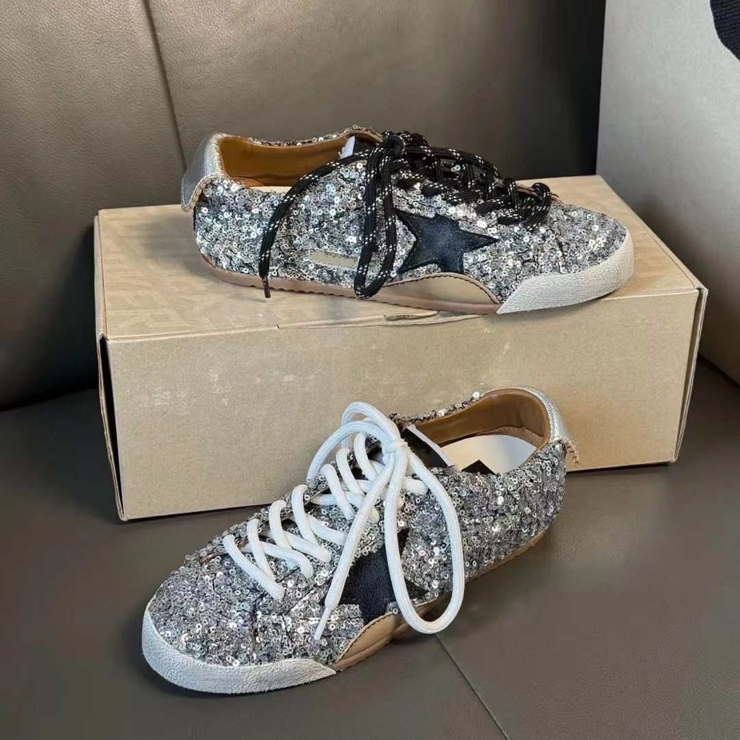 欧货2025秋季薄底内增高银亮片星星小脏脏鞋 复古做旧真皮阿甘鞋