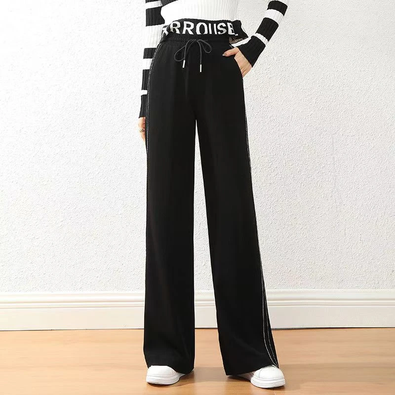 休闲风高腰钉珠休闲裤春季拖地宽松垂感休闲百搭黑色显瘦