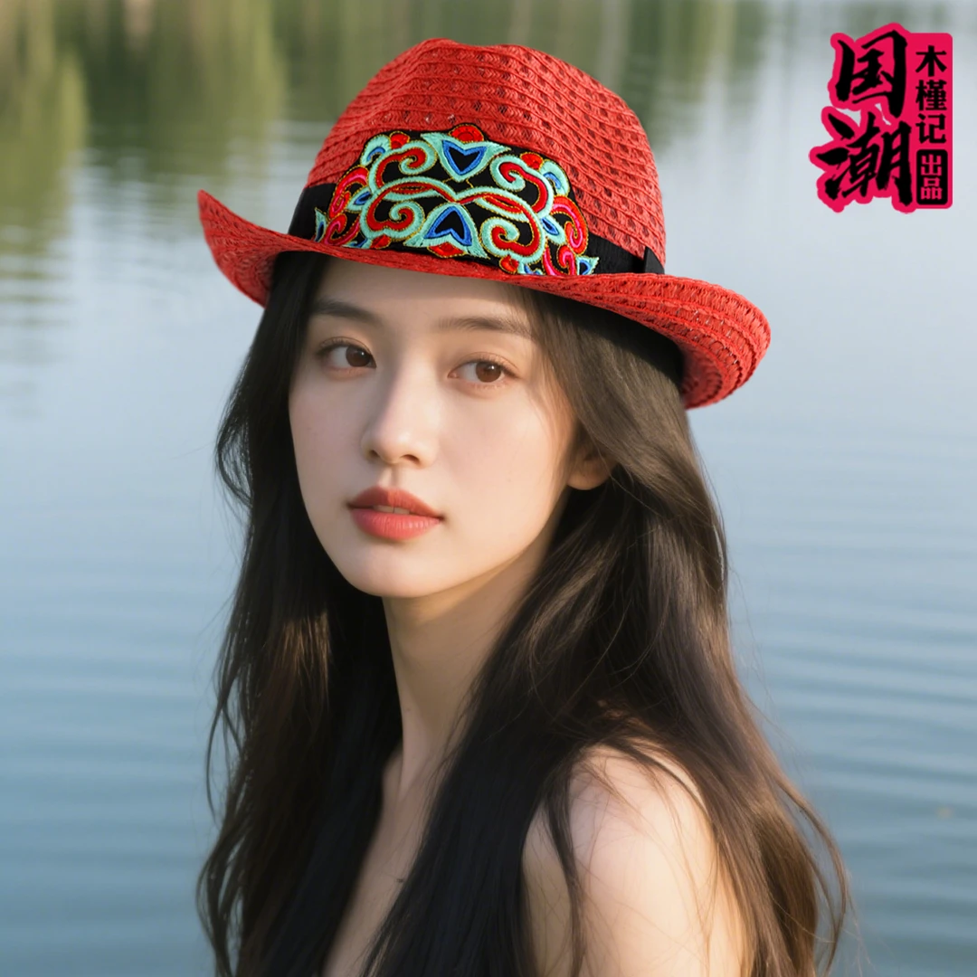 民族风刺绣花女红色夏天帽子编织网眼短檐可折叠礼帽遮阳帽爵士帽