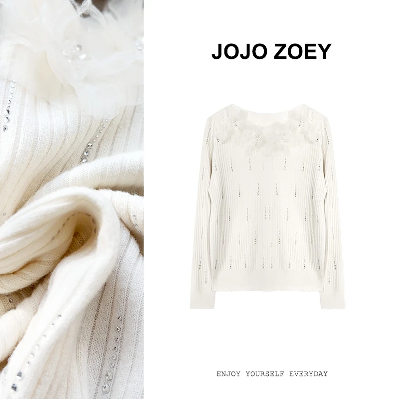 JOJO ZOEY【清仓NO退换】圆领白色丁香花瓣镶钻套头针织衫ZZ-3084