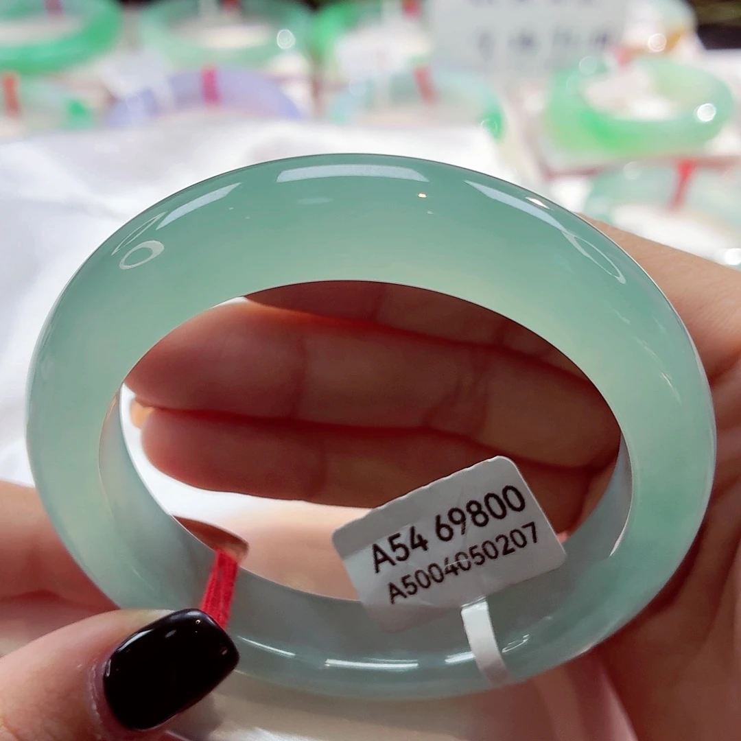 翡翠未镶嵌手镯冰胶果冻底湖水蓝68-051