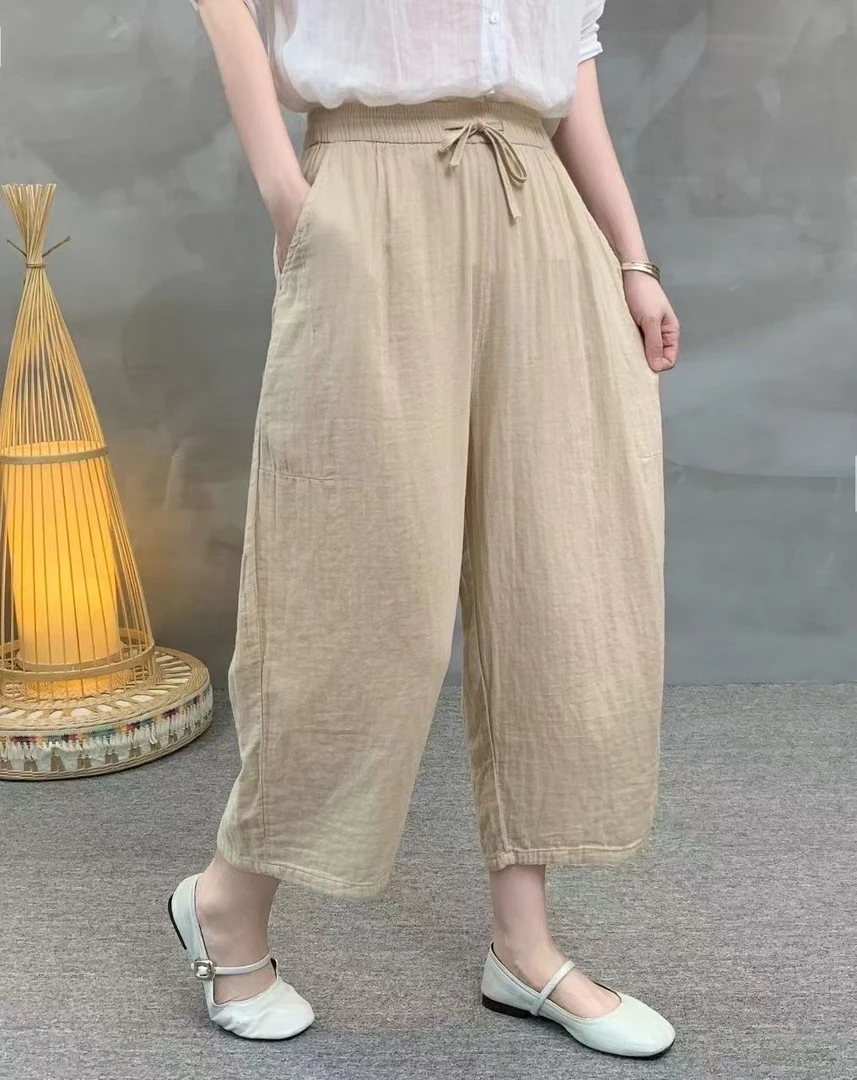 A815文艺休闲夏季纯色松紧腰显瘦百搭棉纱裤宽松薄款臀围126长84