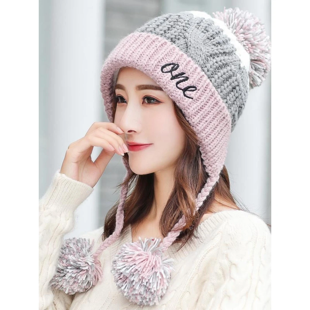 新款毛线帽子女秋冬季时尚保暖帽韩国甜美可爱韩版百搭针织三球帽