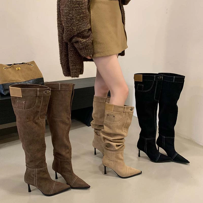 美拉德风棕色2025年新款尖头可两穿细跟过膝长筒靴高跟堆堆靴子