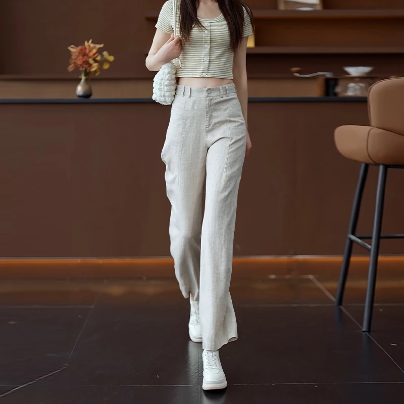 松紧腰直筒裤女夏季薄款天丝亚麻裤垂感冰丝慵懒松弛感弯刀裤显瘦