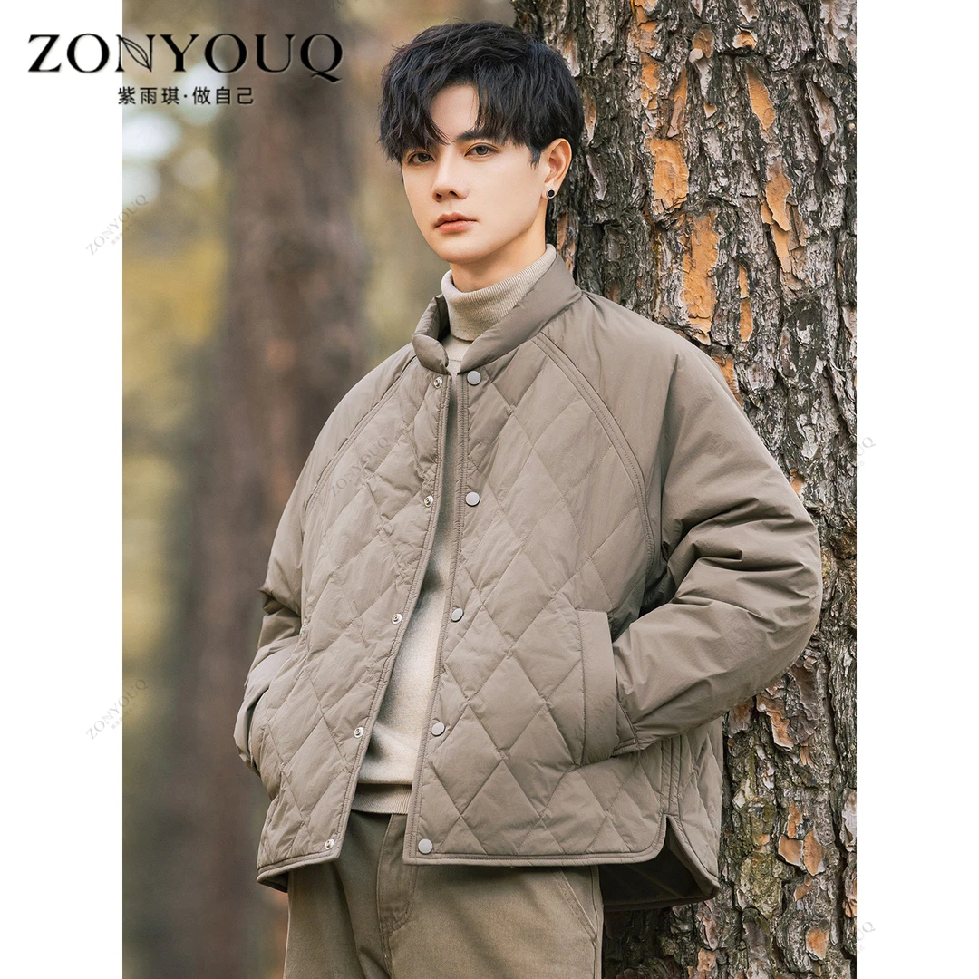 轻薄羽绒服男士冬季宽松圆领菱形格短款保暖潮流时尚潮流百搭外套