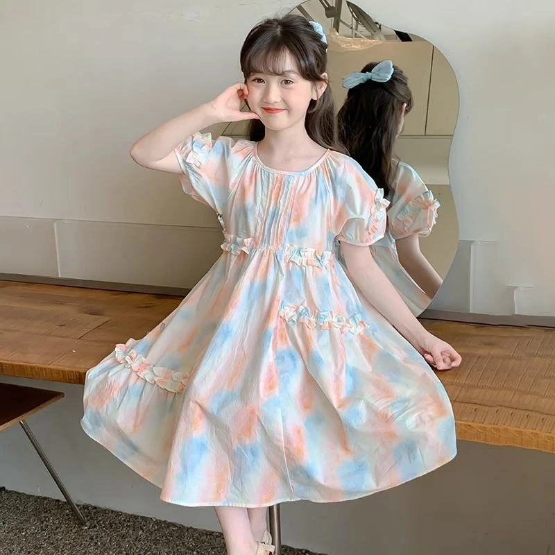 女童连衣裙2025夏季新款儿童韩版宽松中大童泡泡袖时尚甜美公主裙