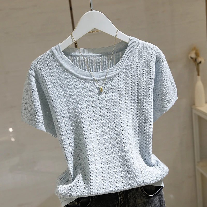 浅蓝色圆领短袖针织衫女2025夏季新款韩版宽松显瘦百搭短款T恤潮