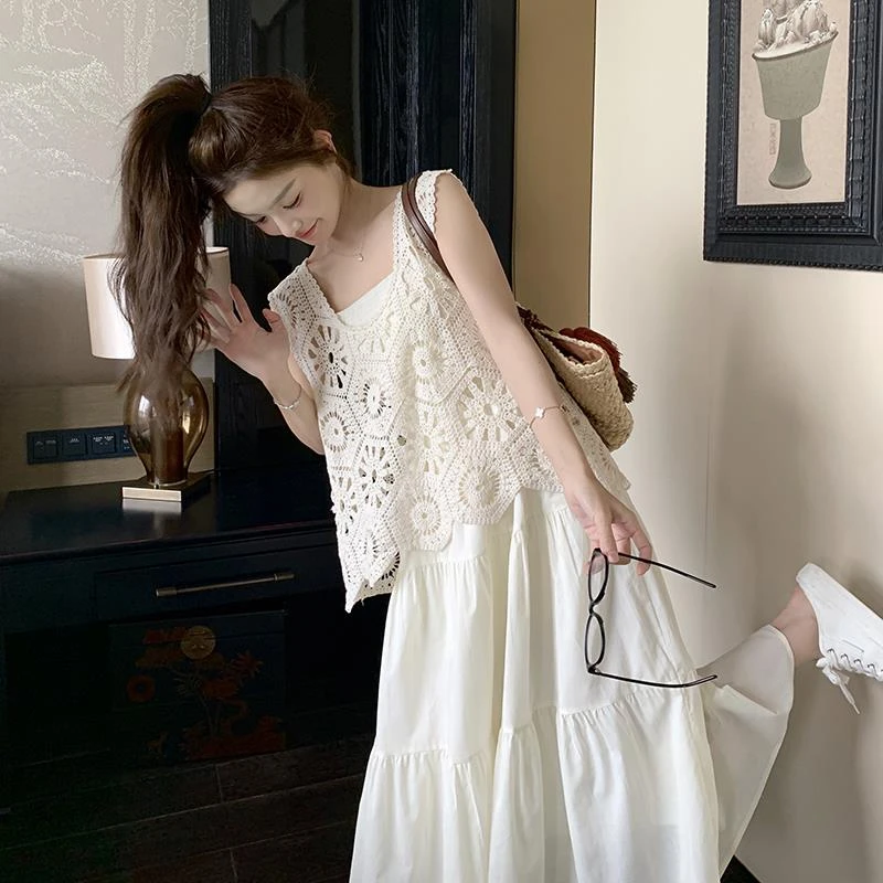 韩版钩花镂空马甲背心裙套装女2025夏季新款高级感显瘦遮肉两件套